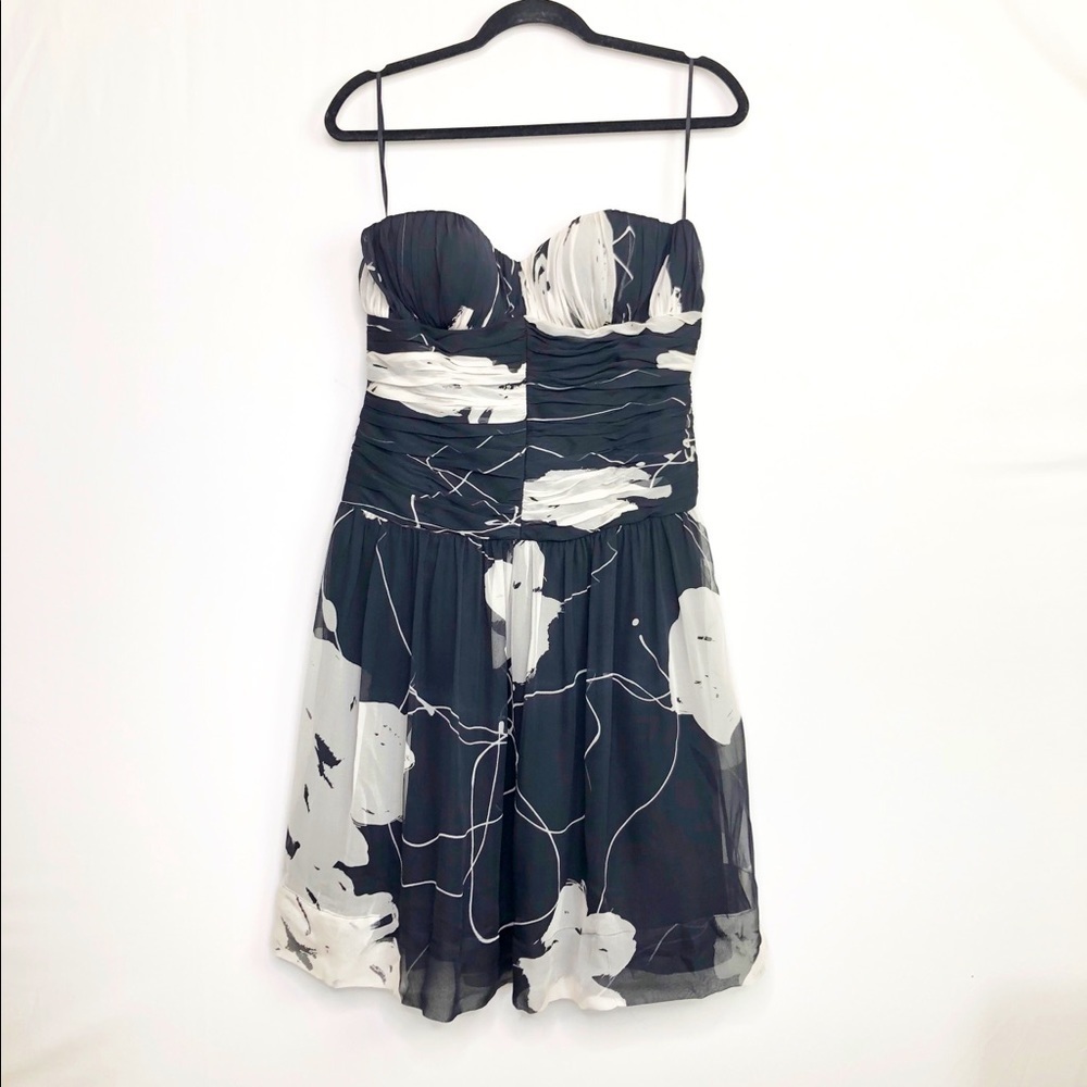 RICKIE Freeman for Teri Jon Black and white floral strapless silk dress